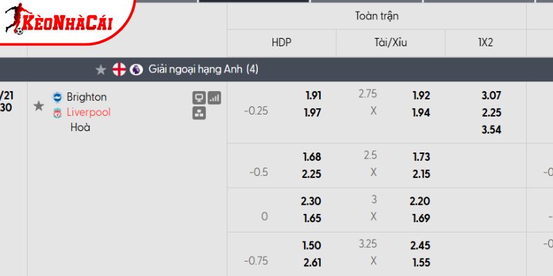 Tỷ lệ kèo Brighton vs Liverpool